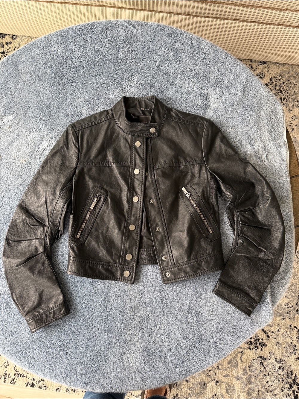 BCBGMaxAzria Black Leather Snap-Front Moto Jacket